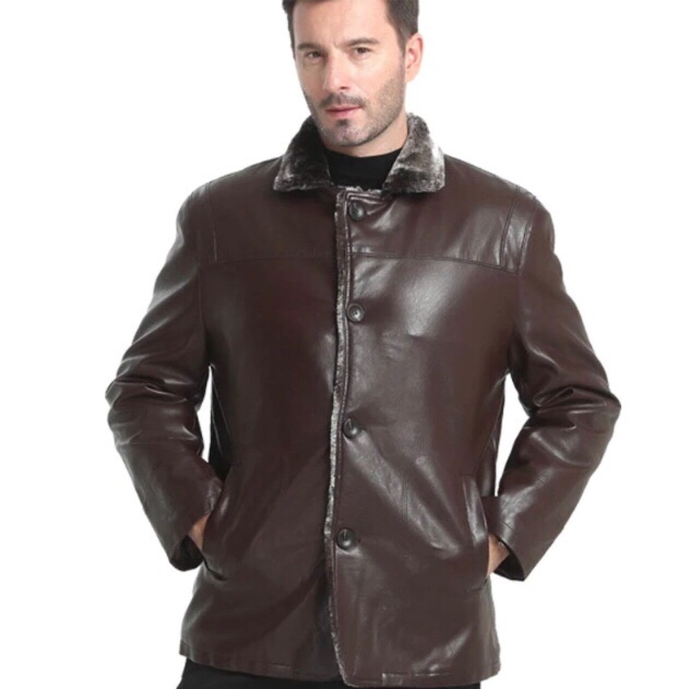 Faux fur lined leather coat